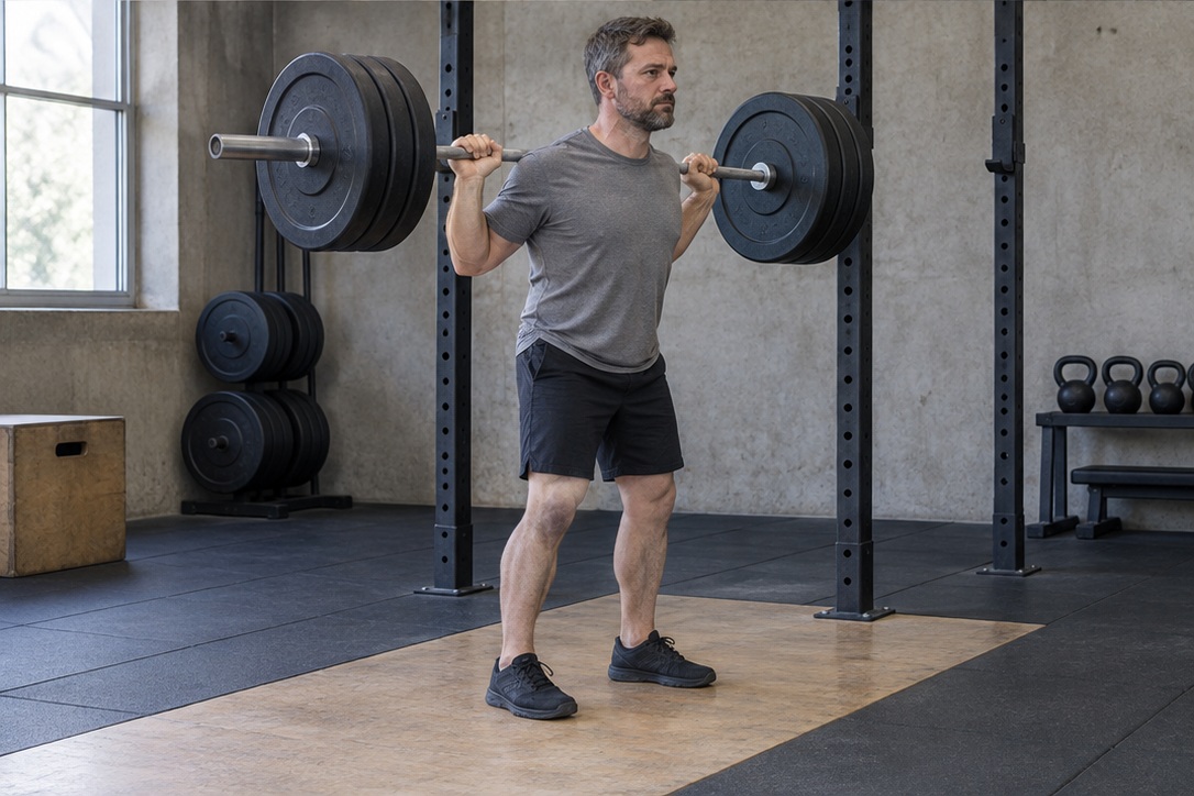 Member standing tall with a barbell during training at Ironside