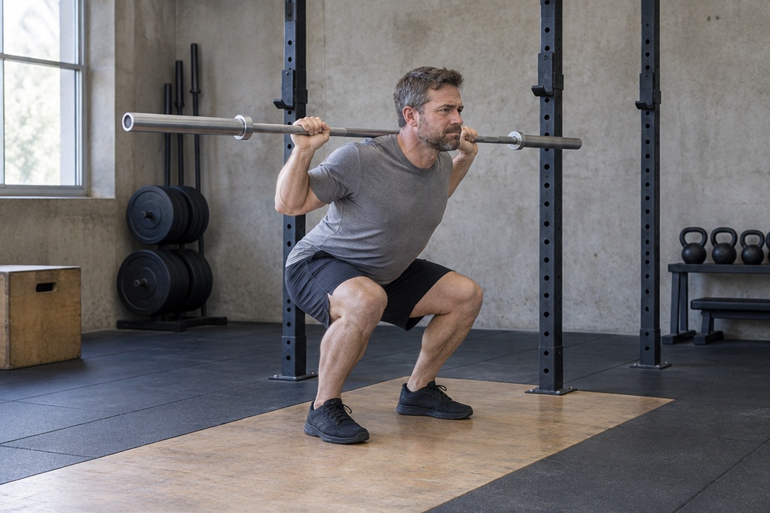 The same member practicing a bodyweight squat at Ironside
