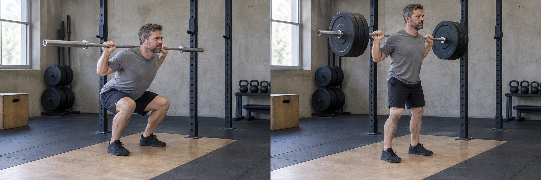 Two stages of a member’s squat training at Ironside in Austin